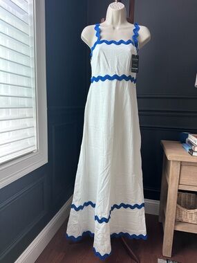 LUNAJANY White Maxi 100% Cotton Sundress with Blue Rickrack Trim XS